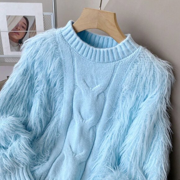 Blue Casual Women's Stand Collar Fuzzy Accent Long Sleeve Sweater - Picture 4 of 7